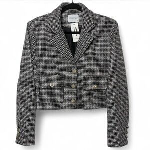 Dee Dee Cropped Tweed Blazer Jacket Black White Pink Pearl Buttons NWT